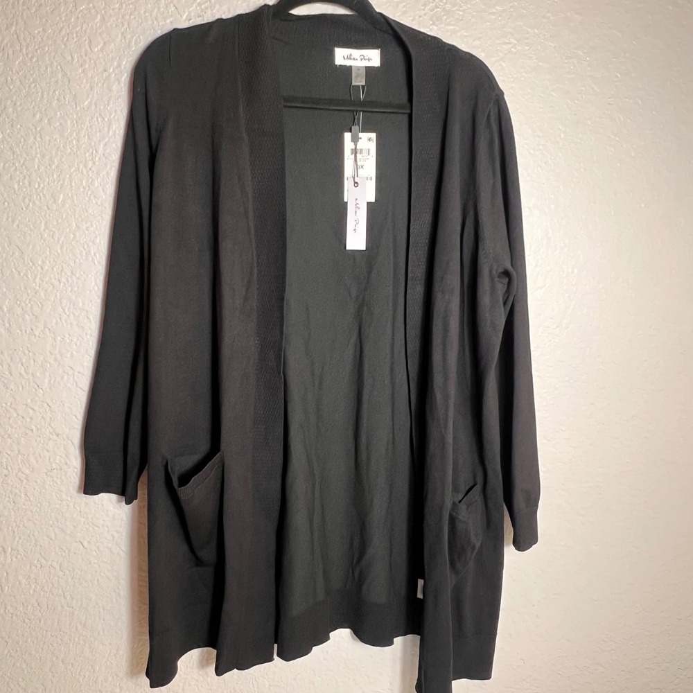 Melissa Paige Womens Cardigan Open Front Pockets 3/4 Sleeve Black 0X NWT
